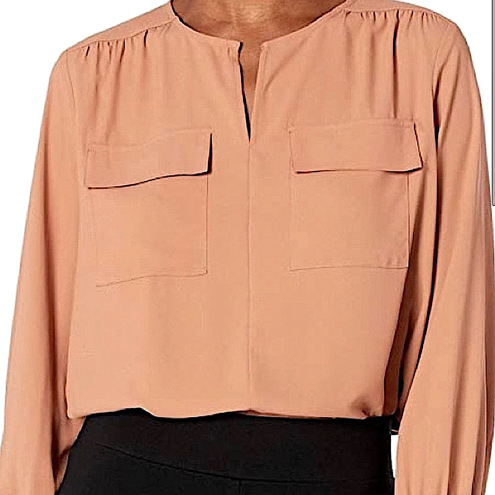 XXL • Lark & Ro • Women's Crepe de Chine Long Sleeve Utility Crewneck Top • Pink